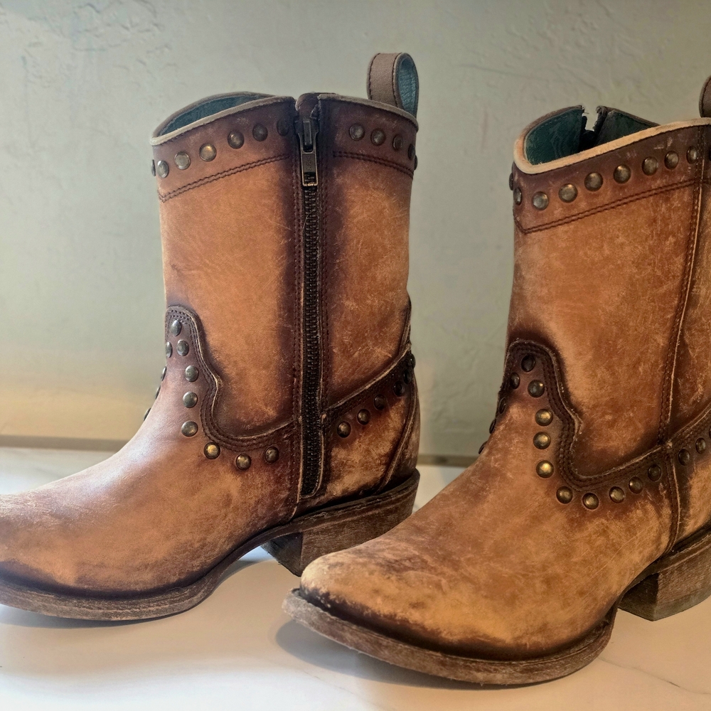 Distressed Brown Studded Western Ankle Boots- CORRAL